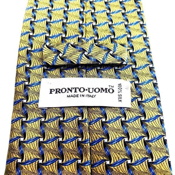 Pronto Uomo Yellow Blue Geometric Woven Italian Wide Silk Tie - Picture 3 of 6